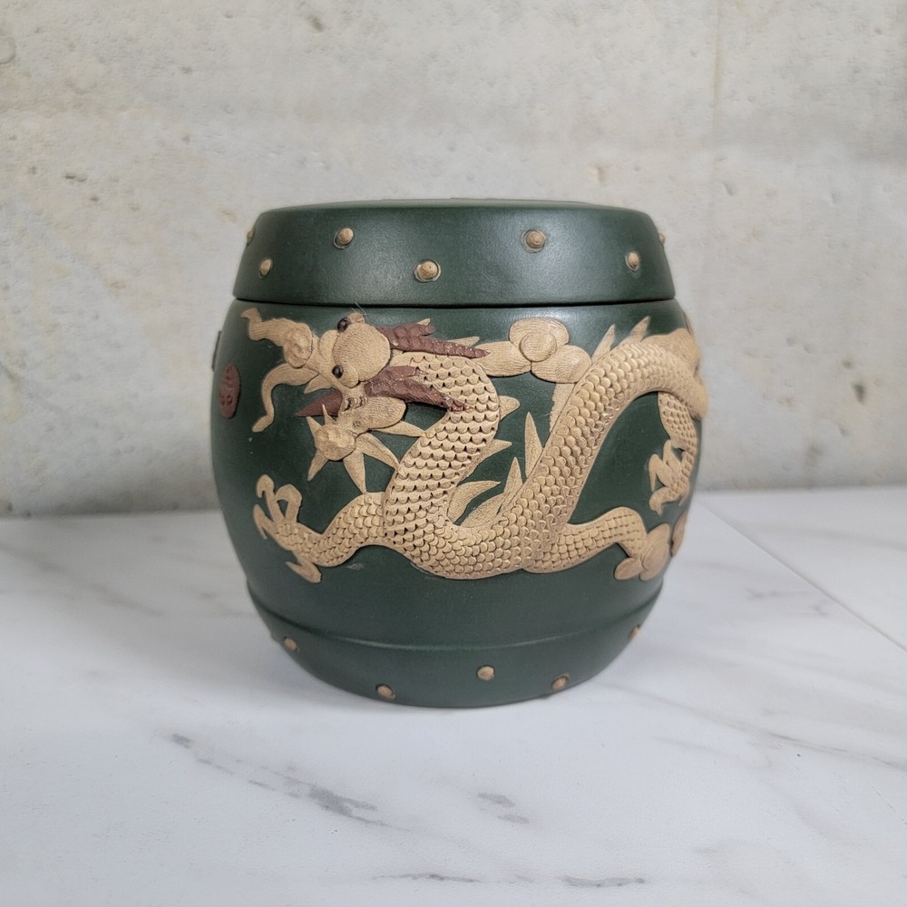 Vintage Ceramic Redware Dragon Draginware Ginger Lidded Pot Planter canister Jar - Picture 2 of 13